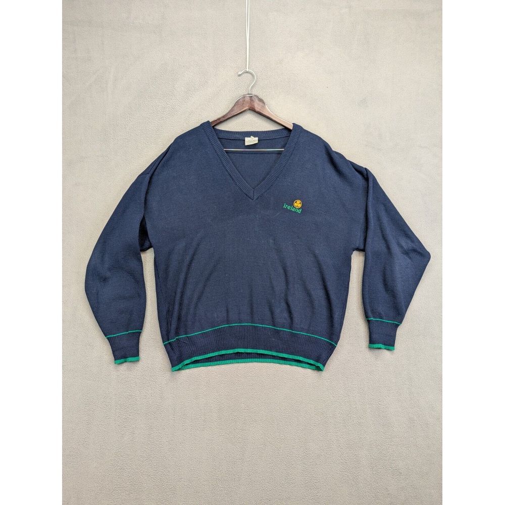 Blarney Woolen Mills Mens Sweater XL Kelly Navy Blue Ireland Shamrock Logo Golf